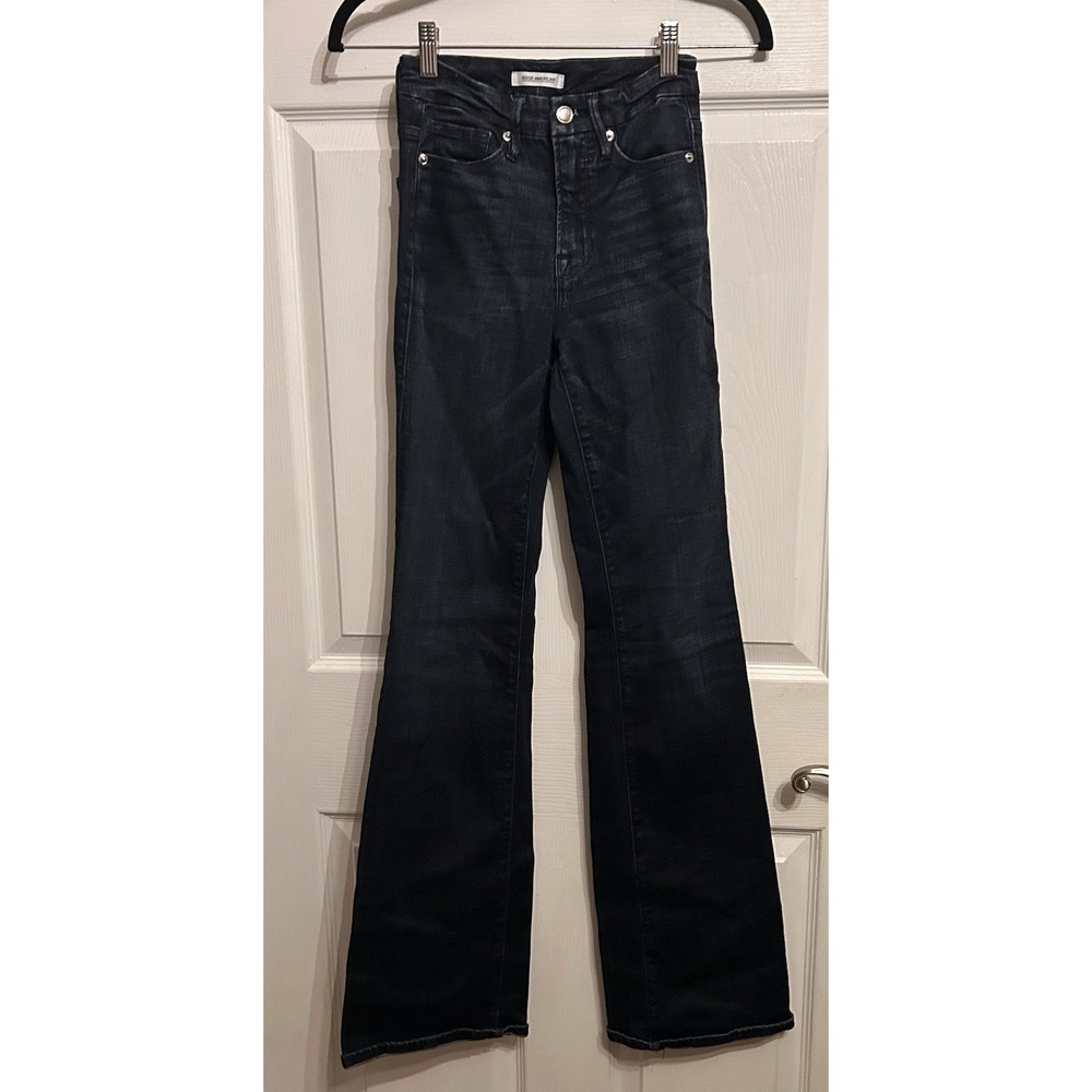 Good American Womens 25 Flare Dark Wash Flare Leg Blue Jeans Denim Zipper Pocket